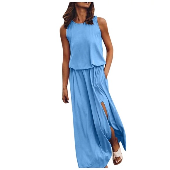 Women’s Light Blue Maxi Dress Sleeveless Side Slit Size M Lightweight - Picture 1 of 10